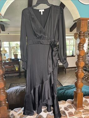 sofia by sofia vergara Black Satin Wrap Maxi Dress with Ruffle Hem